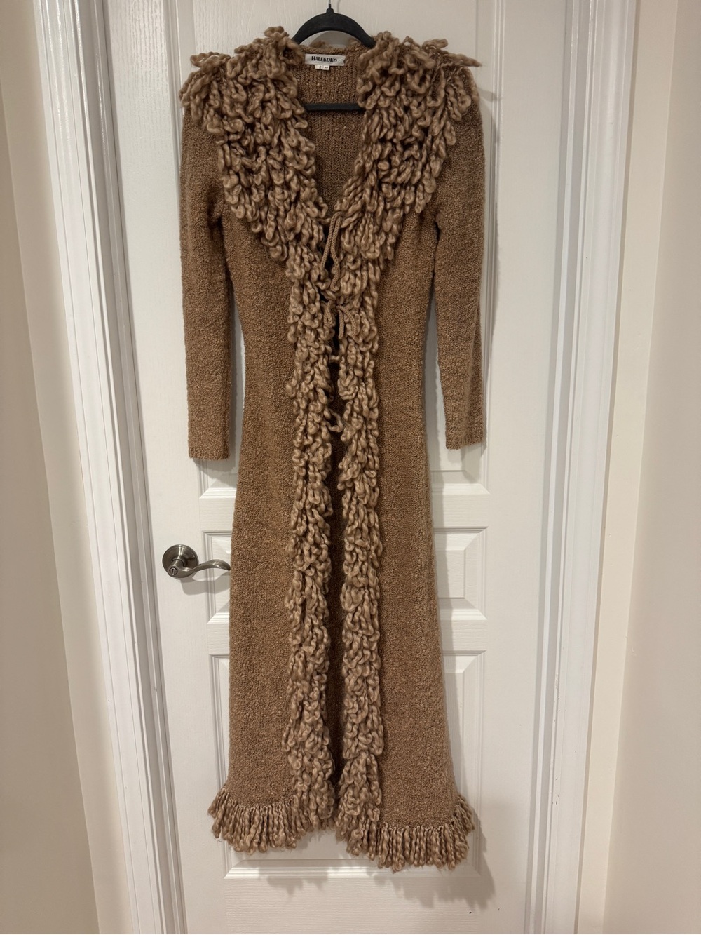 Source Unknown Camel Brown Long Fringe Knit Cape Cardigan